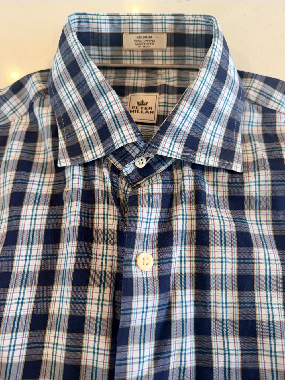 Peter Millar Navy and White Plaid Button-Down Shirt